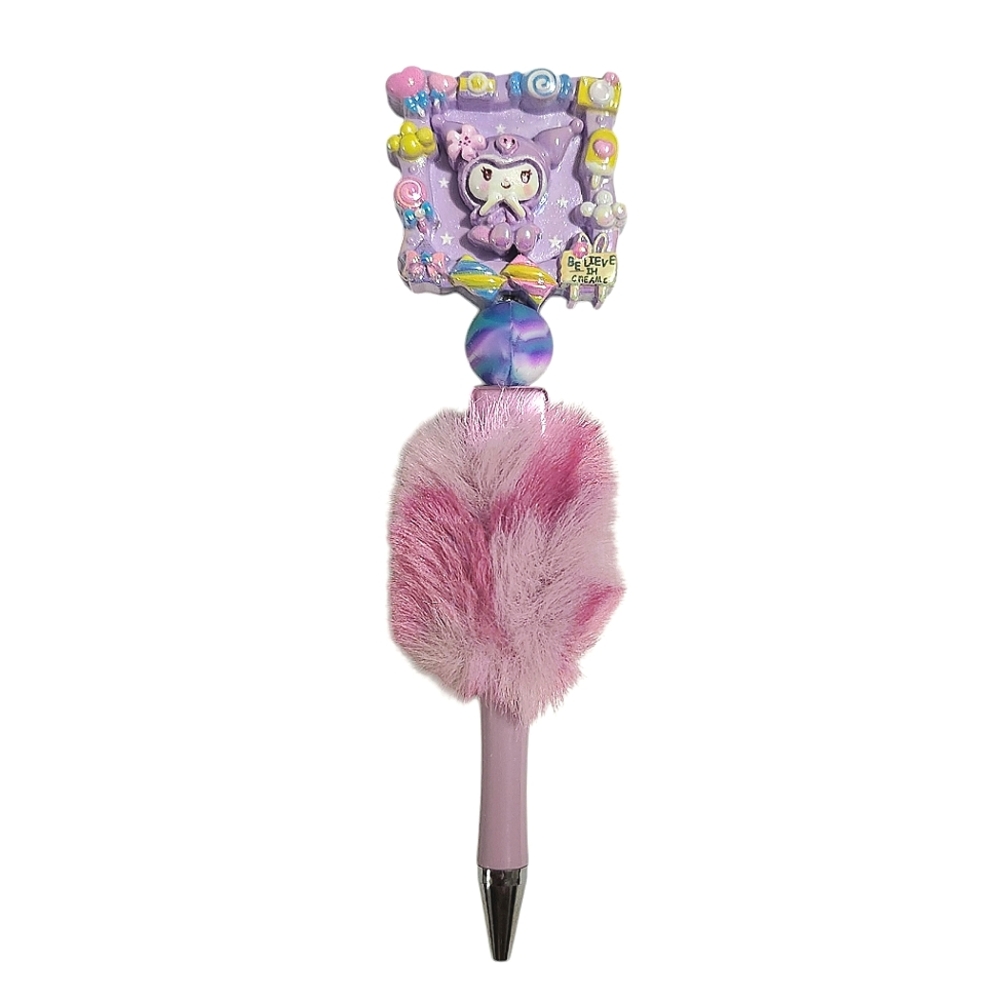 Kuromi Sanrio Fur Custom Beaded Ballpoint Twist Pen Topper Violet